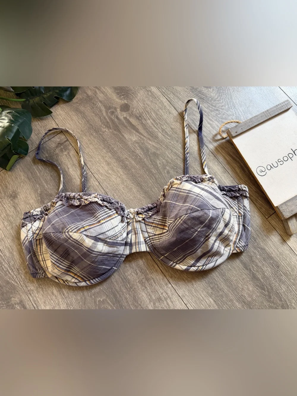 J Crew 100% Cotton Plaid Underwire Balconette Bra in Blue and Cream. Size 14